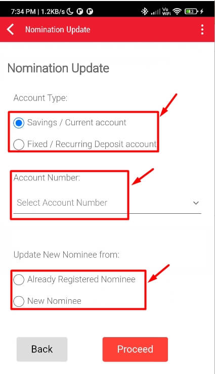 select account type and add new nominee using kotak app