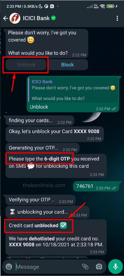select unblock card and enter otp to unblock icici credit card