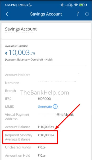 check minimum balance required in hdfc app