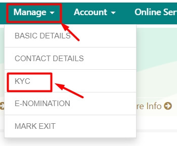 click on manage option then kyc in epfo login