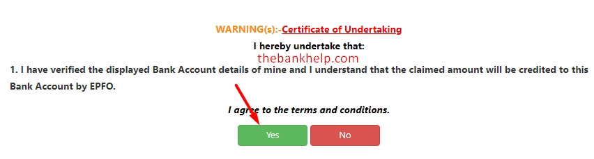 click on yes button to agree pf withdraw terms and conditions