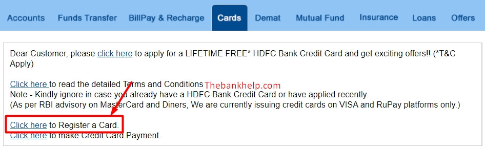 click on register card here in hdfc netbanking