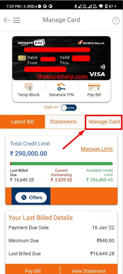 click on manage card option in imobile app