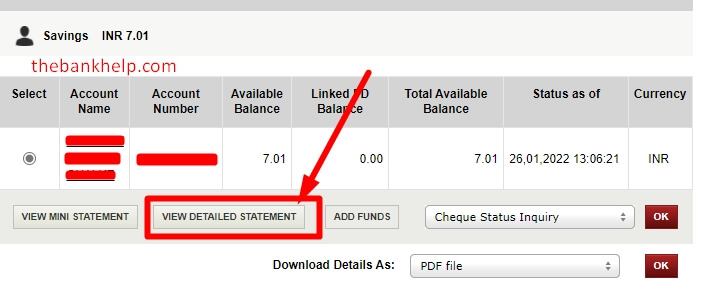 click on view detailed statement in icici netbanking