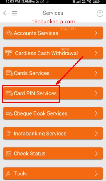 select card pin services option from imobile app