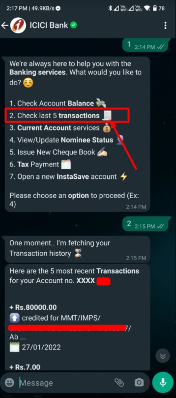select last five transactions in icici WhatsApp