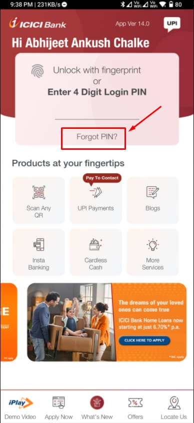 tap on forgot mpin in icici mobile app