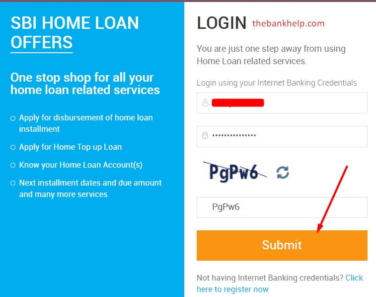 enter username and password in sbi home loan website