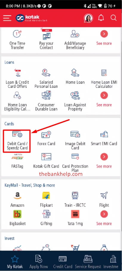 tap on debit card option in kotak mobile app