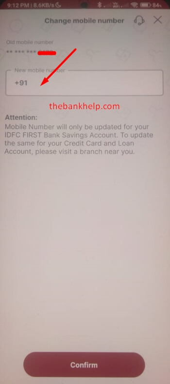 enter new mobile number in idfc app