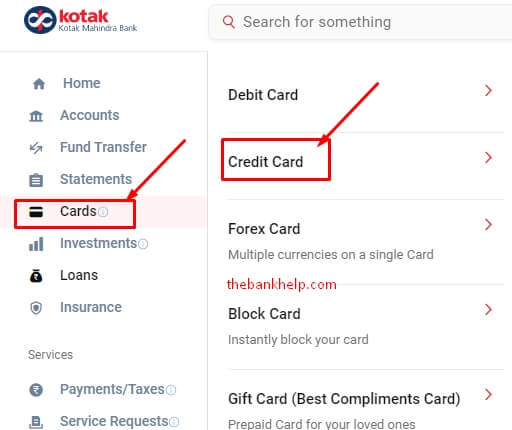 click on the credit card option in kotak netbanking