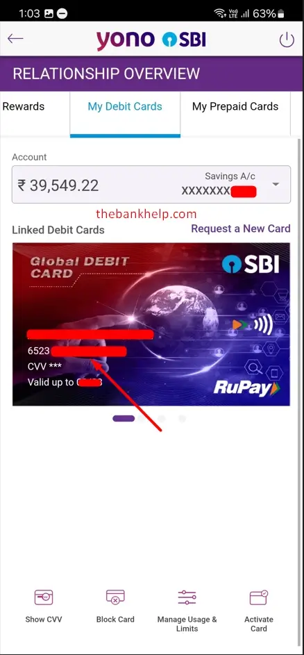 see debit card details in yono sbi