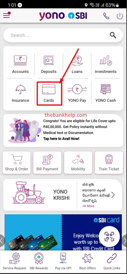 tap on cards option in yono sbi