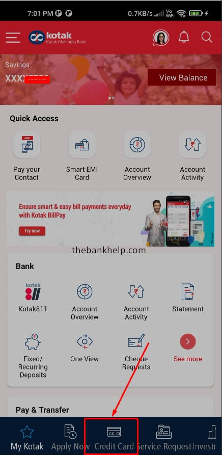 tap on credit card option in kotak app