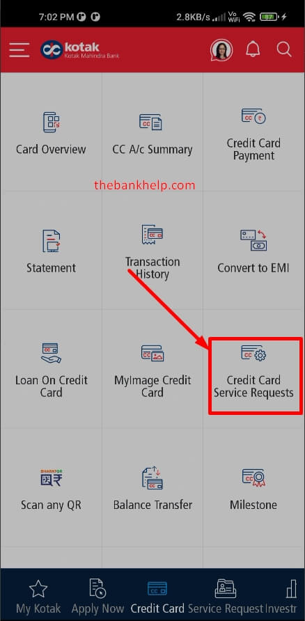 tap on credit card service requests option in kotak app