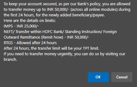 transfer limit for hdfc new beneficiary other bank