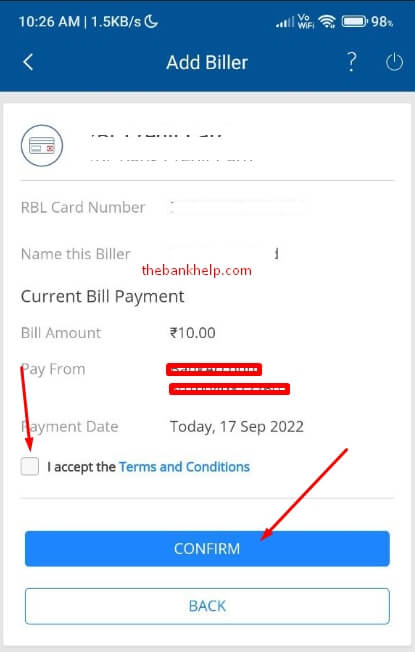 confirm kotak credit card bill payment on hdfc app