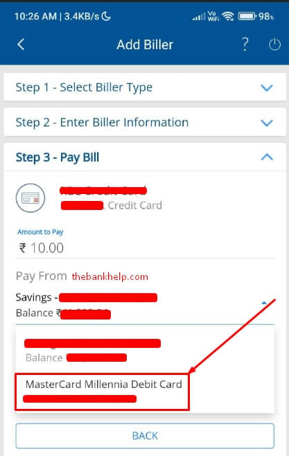 select hdfc debit card option to pay kotak credit card bill