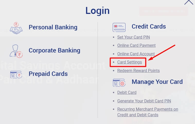 click on card setting option in rbl website