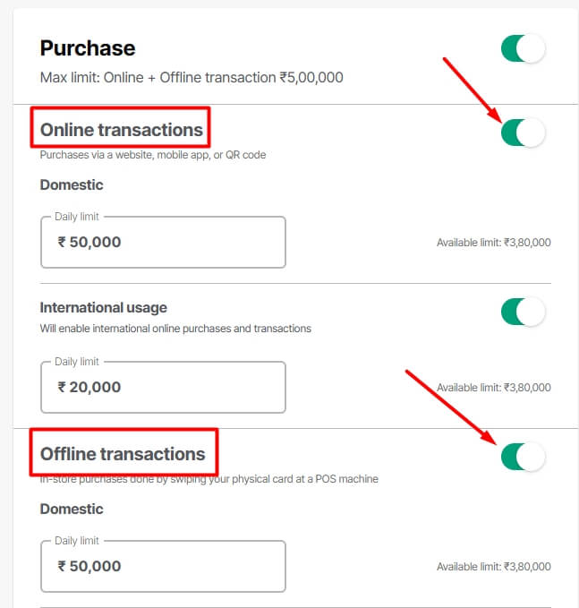 enable offline and online transactions for debit card in idfc netbanking