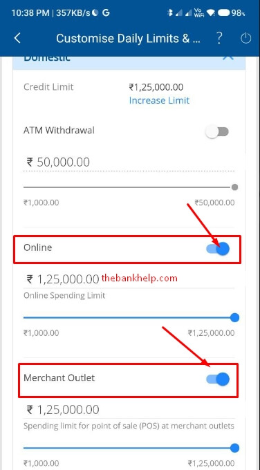 enable online and merchant outlet option in hdfc app