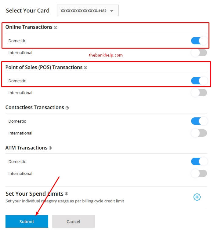 enable online and pos domestic transactions in sbi card website