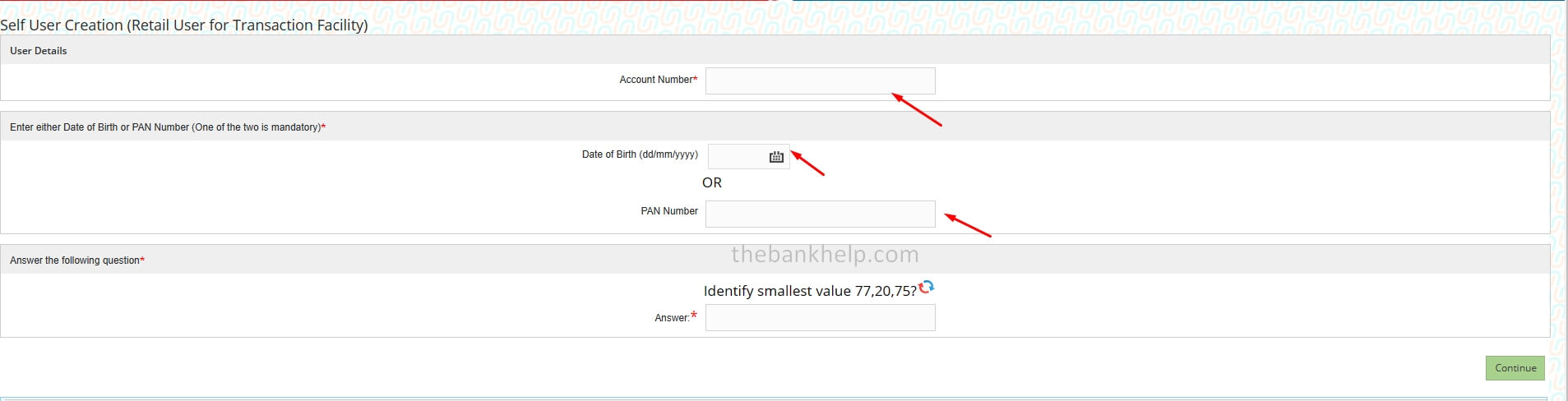 enter account number, pan and dob