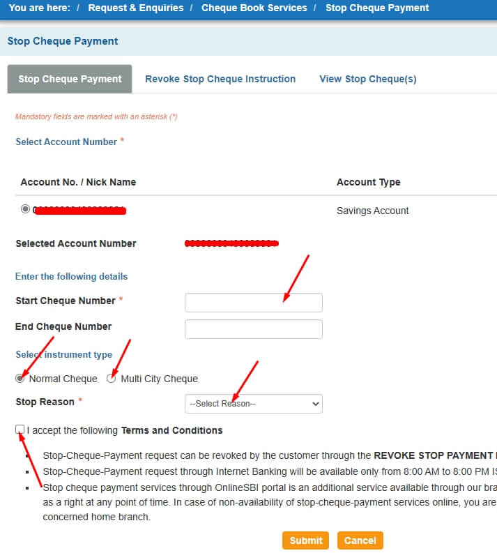 enter stop cheque details in sbi online