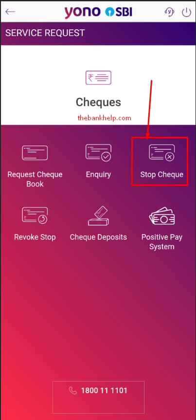 select stop cheque option in yono app