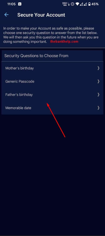 select your security question and answer in amex app