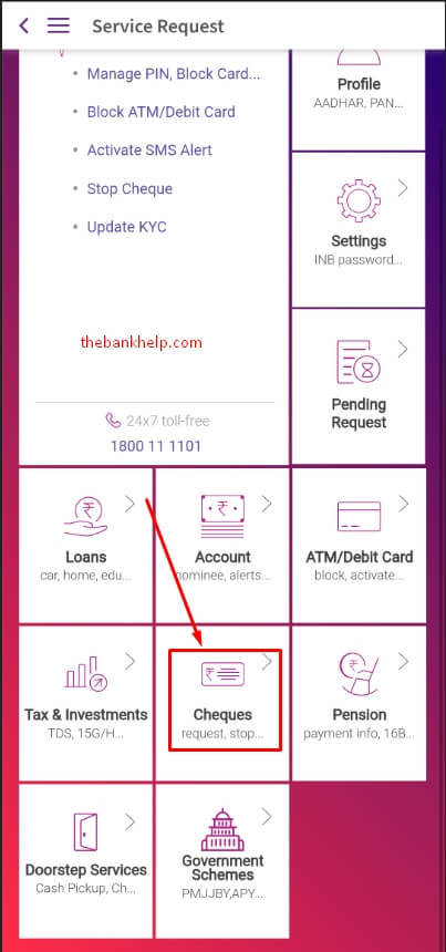 tap on cheques option in yono app