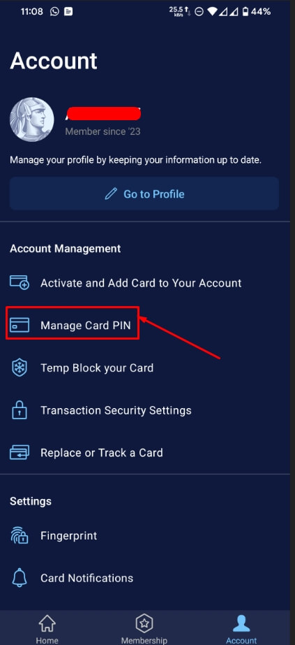 tap on manage card pin option in amex app