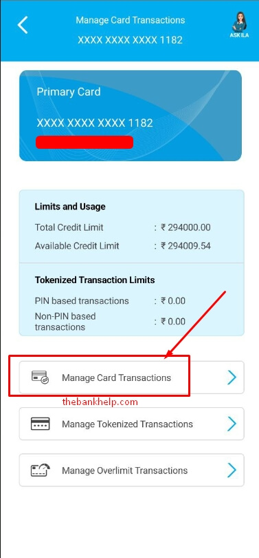 tap on manage card transactions in sbi card app
