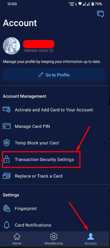 tap on transaction security settings option in amex app