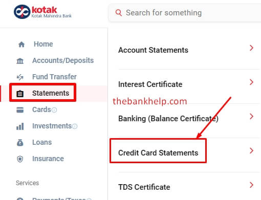 click on credit card statements in kotak net banking