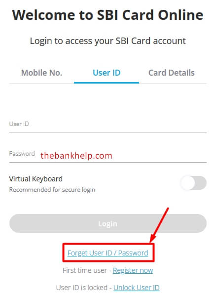 click on forgot password in sbi card website