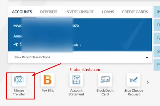 click on money transfer option in yesonline