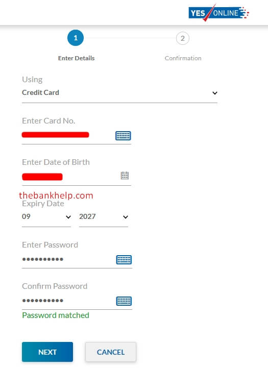 enter card details and new password for yes bank password