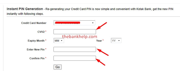 enter cvv and expiry date to change kotak credit card pin in netbanking