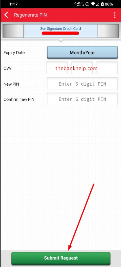 enter the card details in kotak app to change pin