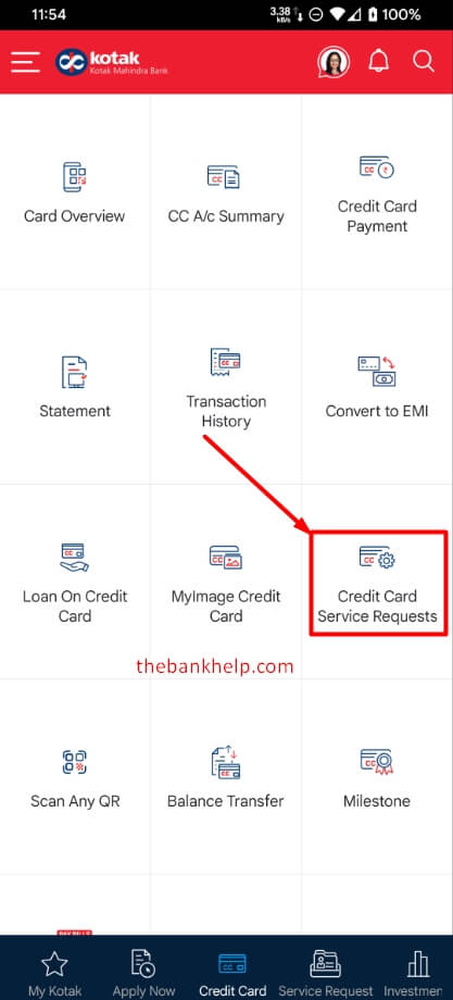tap on credit card service request option in kotak app