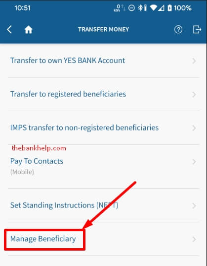 tap on manage beneficiary option in yes mobile