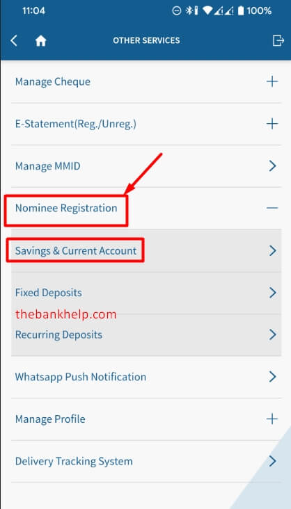 tap on nominee registration option in yes mobile app