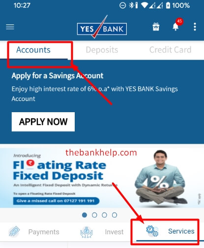 tap on services option under accounts in yes mobile app