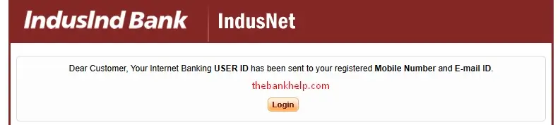 indusind user id sent to mobile number and email id