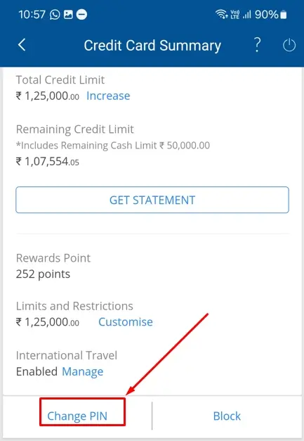 select change pin option in hdfc app credit card section