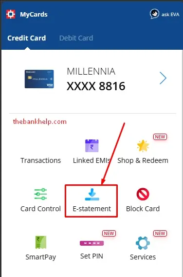 select e statement option in hdfc mycards