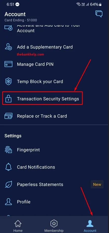 select transaction security settings option in amex app