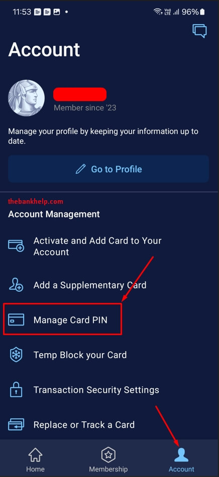 tap on manage card pin in amex app
