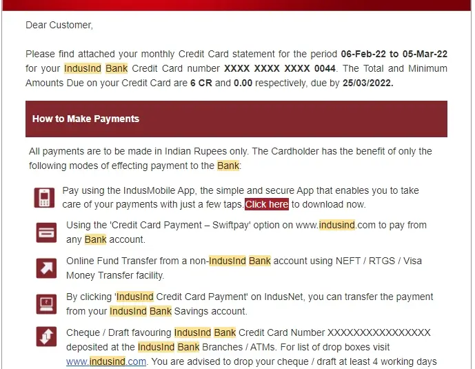 indusind bank credit card statement through email